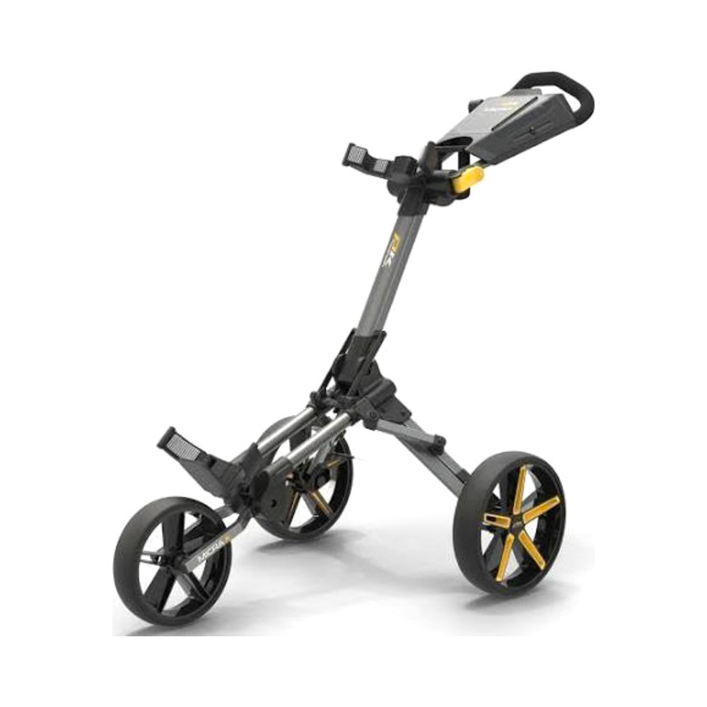 PowaKaddy Micra push trolley in grey with yellow wheels