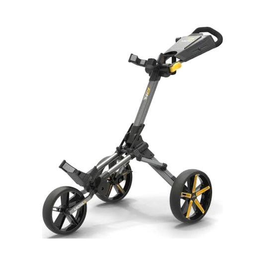 PowaKaddy Micra push trolley in grey with yellow wheels